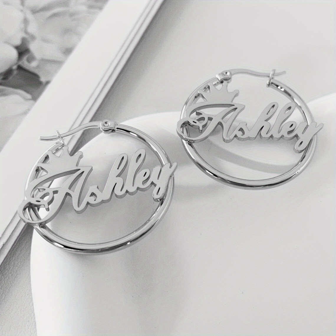 TEMU Custom Princess Crown Name Hoop Earrings, Personalized Stainless Steel Fashionable Exquisite Name Hoops, Trendy Jewelry For Women And, Language