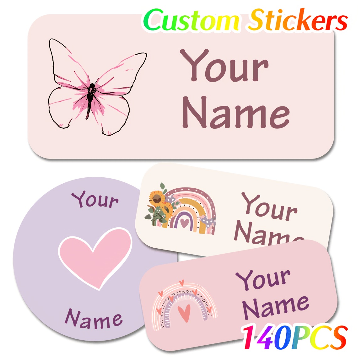Image of [custom Item] 140pcs Custom Rainbow Heart Name Stickers, Custom Name Labels, Custom Name Stickers, Gifts For Sisters, Suitable For Cups, Lunch Boxes, Backpacks, Travel