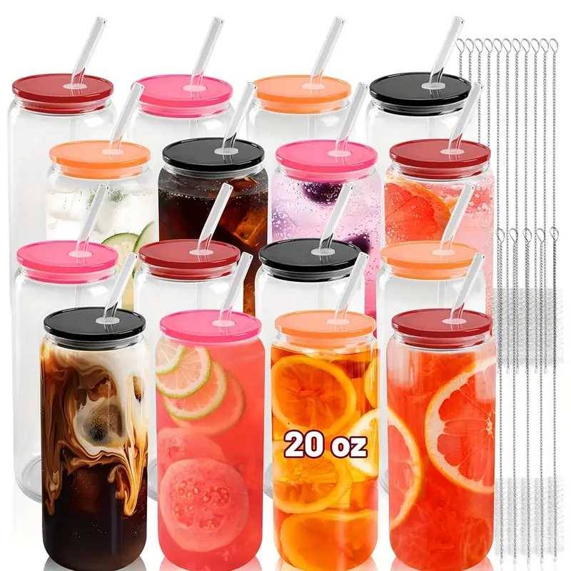 20 oz glass cups with acrylic lids and straws 16 pcs can shaped glass iced coffee cups with lids drinking jar glasses cute tumbler cup great for smoothie soda boba tea cocktail beer gift Product details 0