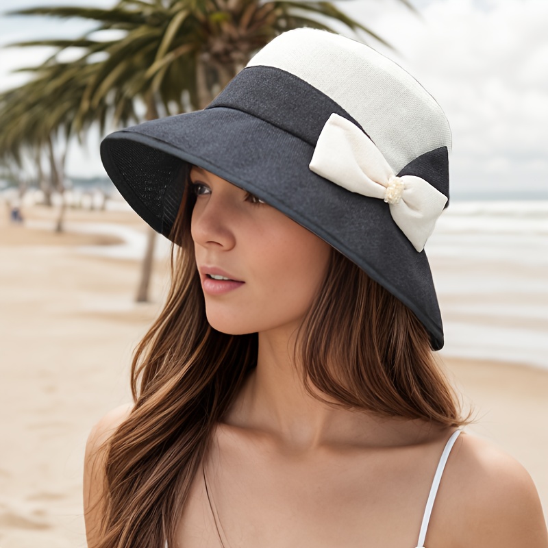 Bow Color Block Bucket Hat Classic Sun Hat Elegant Style Spring Summer  Travel Beach Hat For Women