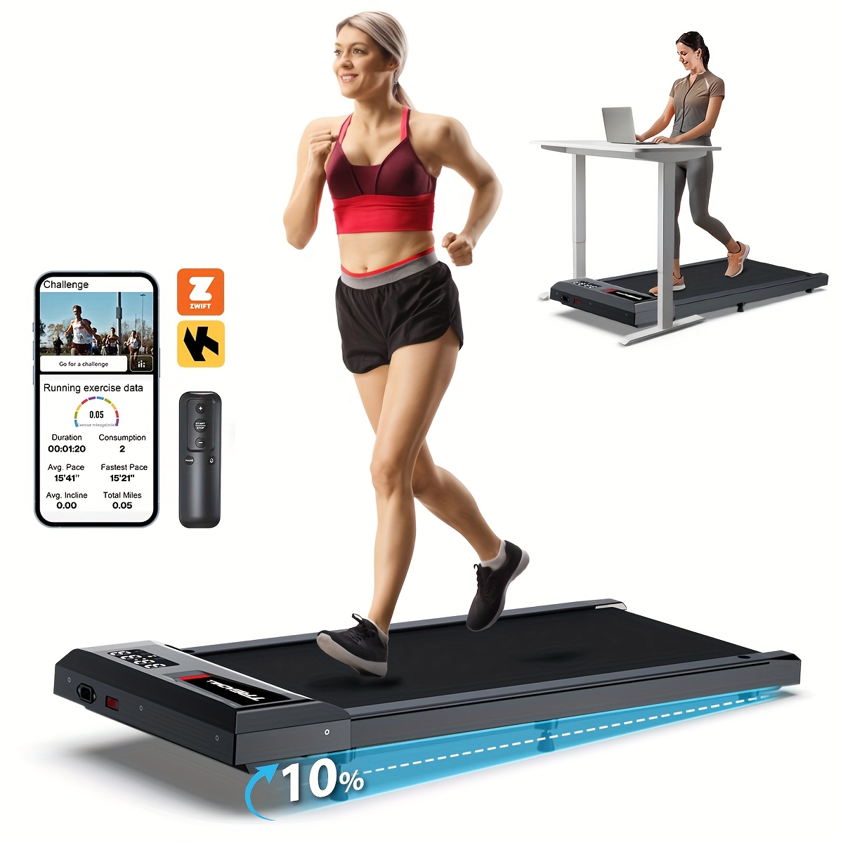 10% Incline Walking Pad - 120KG Capacity Under Desk Treadmills, Lightweight Smart Treadmill With Widen Belt, Portable Treadmills Work With KINOMAP For Home Office, The Best Gift, Without Battery