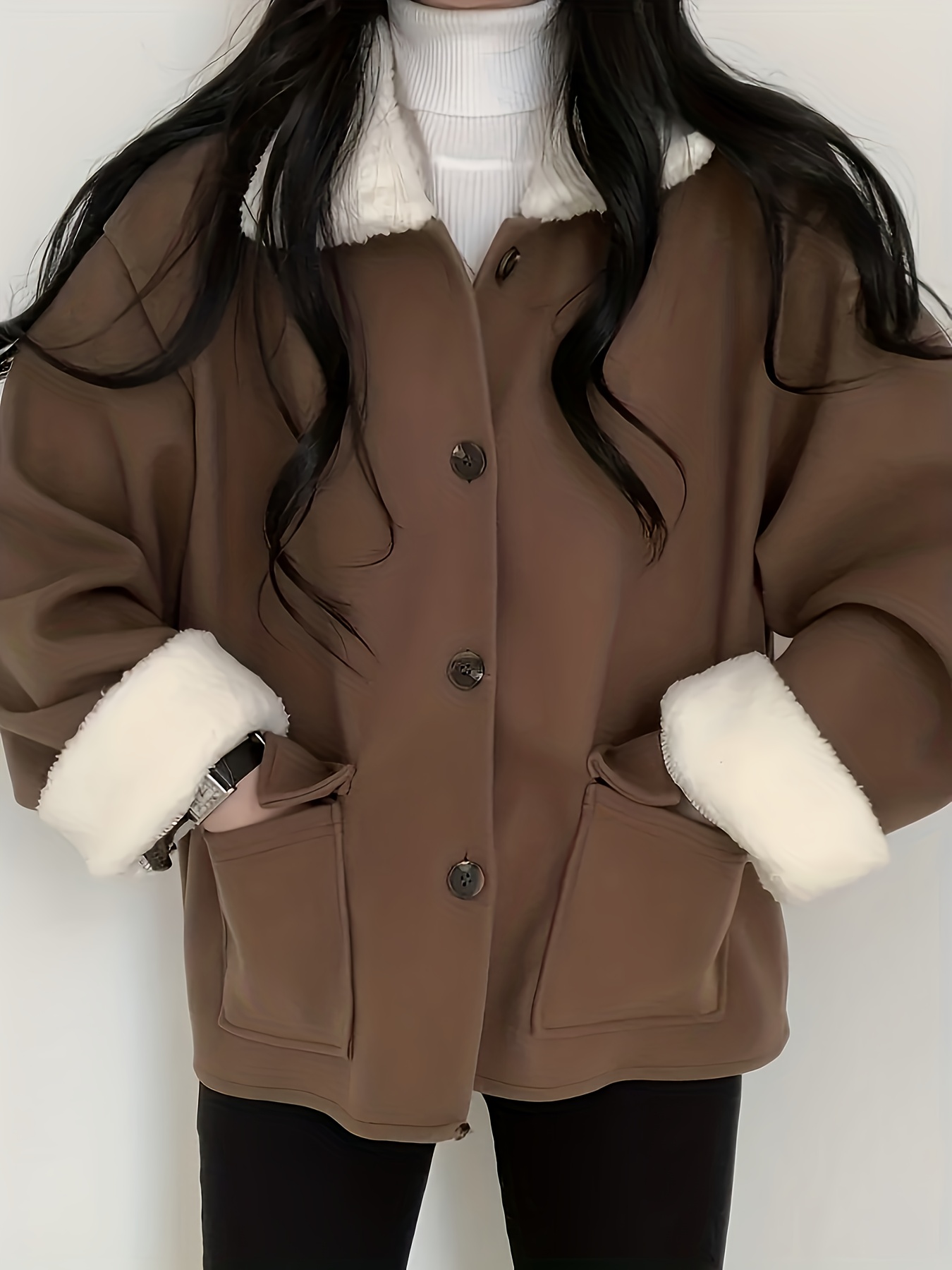autumn   flap collar loose elegant jacket for petite women contrast color winter coat Product details 0