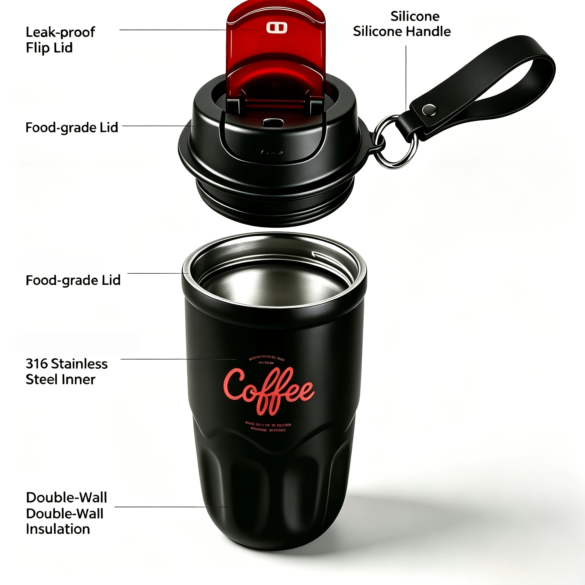 2pcs Included (1 316 Stainless Steel Vacuum Insulated Coffee Cup and 1 Cup Brush) - 12.17oz Double-walled Insulated Travel Mug, Leak-proof Lid and Portable Lanyard, Hot and Cold Insulation for More Than 12 Hours, Dishwasher Safe - Suitable for Offic