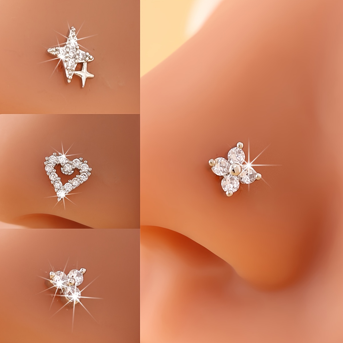 Image of -shaped, Star, And Nose Studs, Set With Synthetic Zirconia, Suitable For Everyday Wear And Gift- - Cute Design Nose Rings - L-shaped Piercing Jewelry