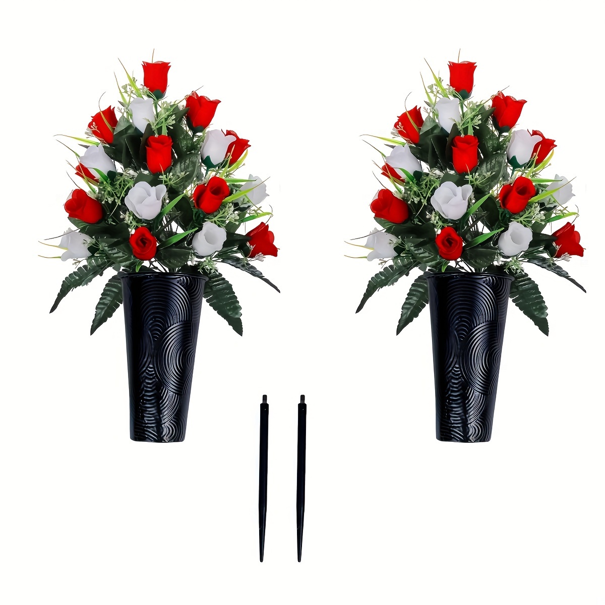 

2pcs Elegant Black Metal Cemetery Urn Vases With Stakes - Weatherproof & Durable For Outdoor Gravesite Decoration