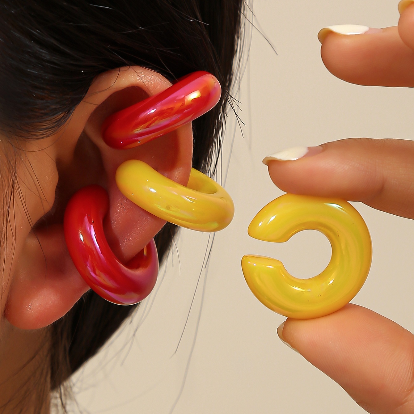 6pcs Women's Clip On Earrings Candy Colored C Shaped Hoops Lightweight Resin