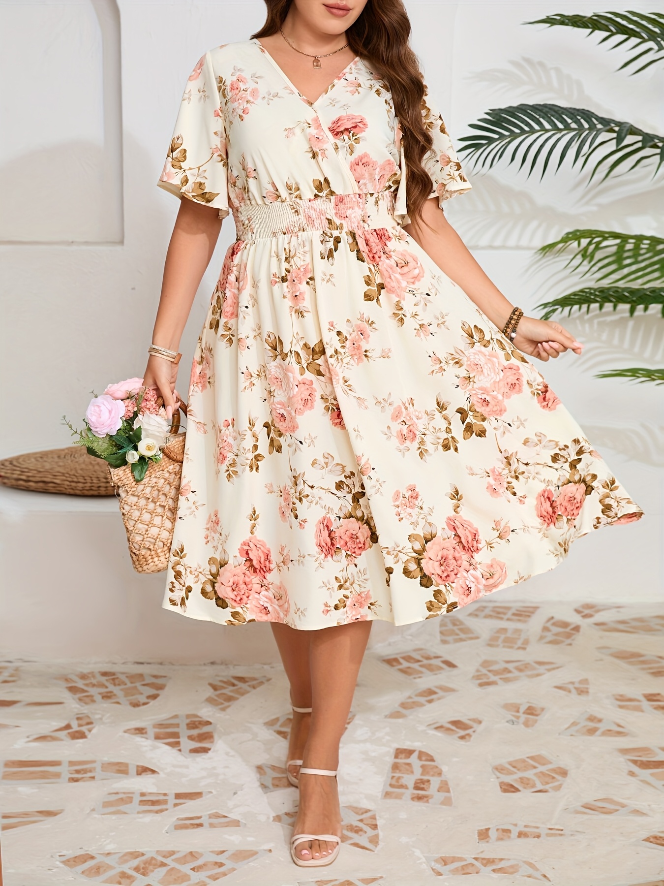 plus size elegant floral dress ruched waist v neck short Temu Norway
