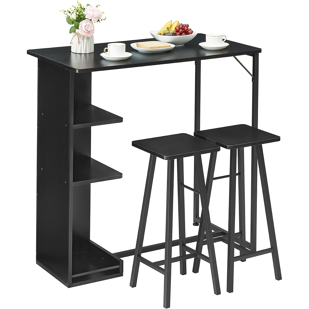 Bar Table And 2 Chairs Set, 3pcs Dining Table Set With 3-tier Storage Shelves, Wood Counter Height Bar Table And Stools Set, Pub Table Set For Apartment, Living Room, Kitchen