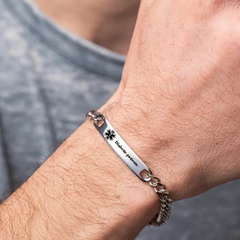 TEMU Customized Men's 304 304 Stainless Steel Medical Pattern Bracelet, Bracelet Engraved With Phone Number, Emergency Id Bracelet, Gift For Allergy
