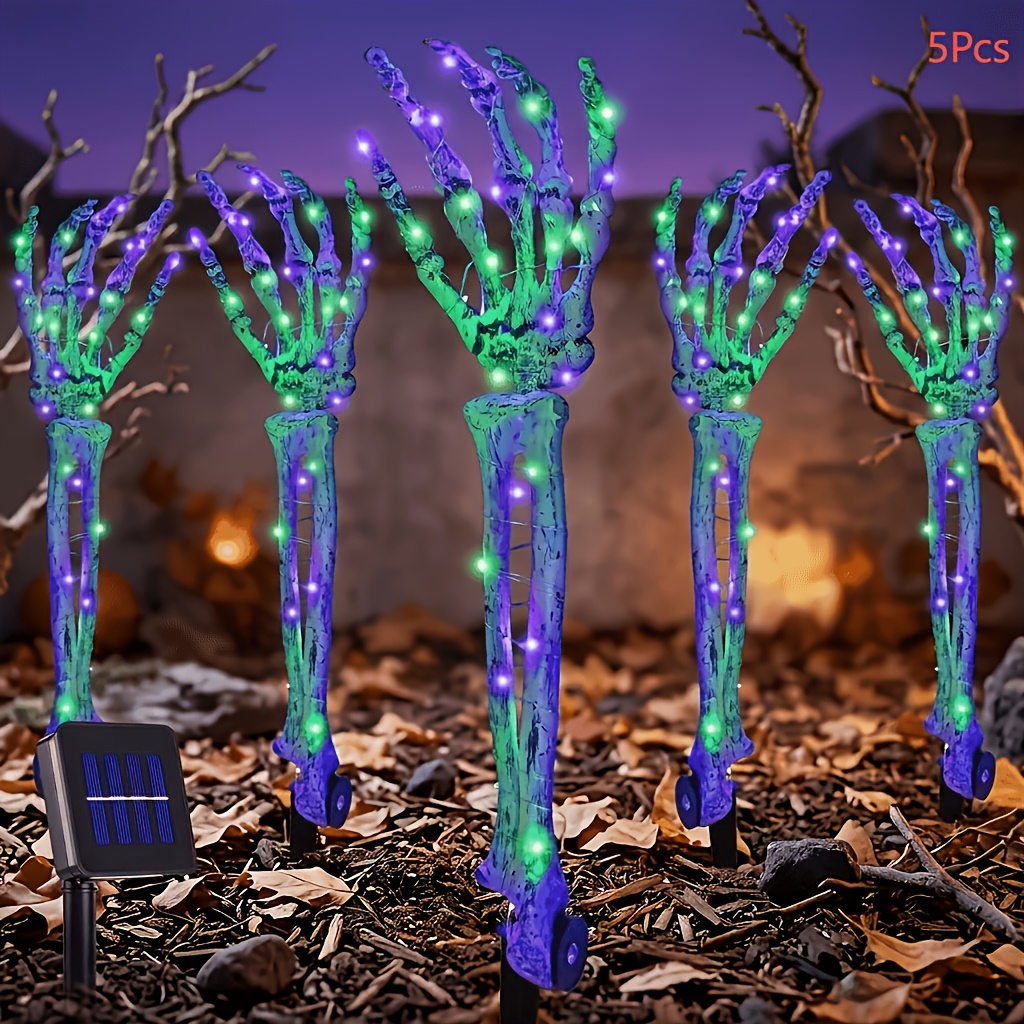 TEMU 5pcs Set Of Halloween Solar Ip65 Outdoor Lights With Purple Green Light And Hand Shaped Decorative Elements To Create A Terrifying Atmosphere.