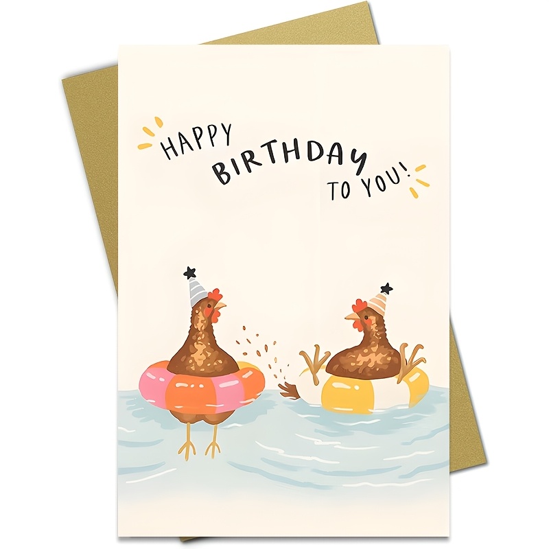 TEMU . Lustige Geburtstagskarte mit Huhn im Partyhut und schwimmendem Ring - Cartoon Hühner Pool Party Design, lebendige Farben, inklusive Umschlag -
