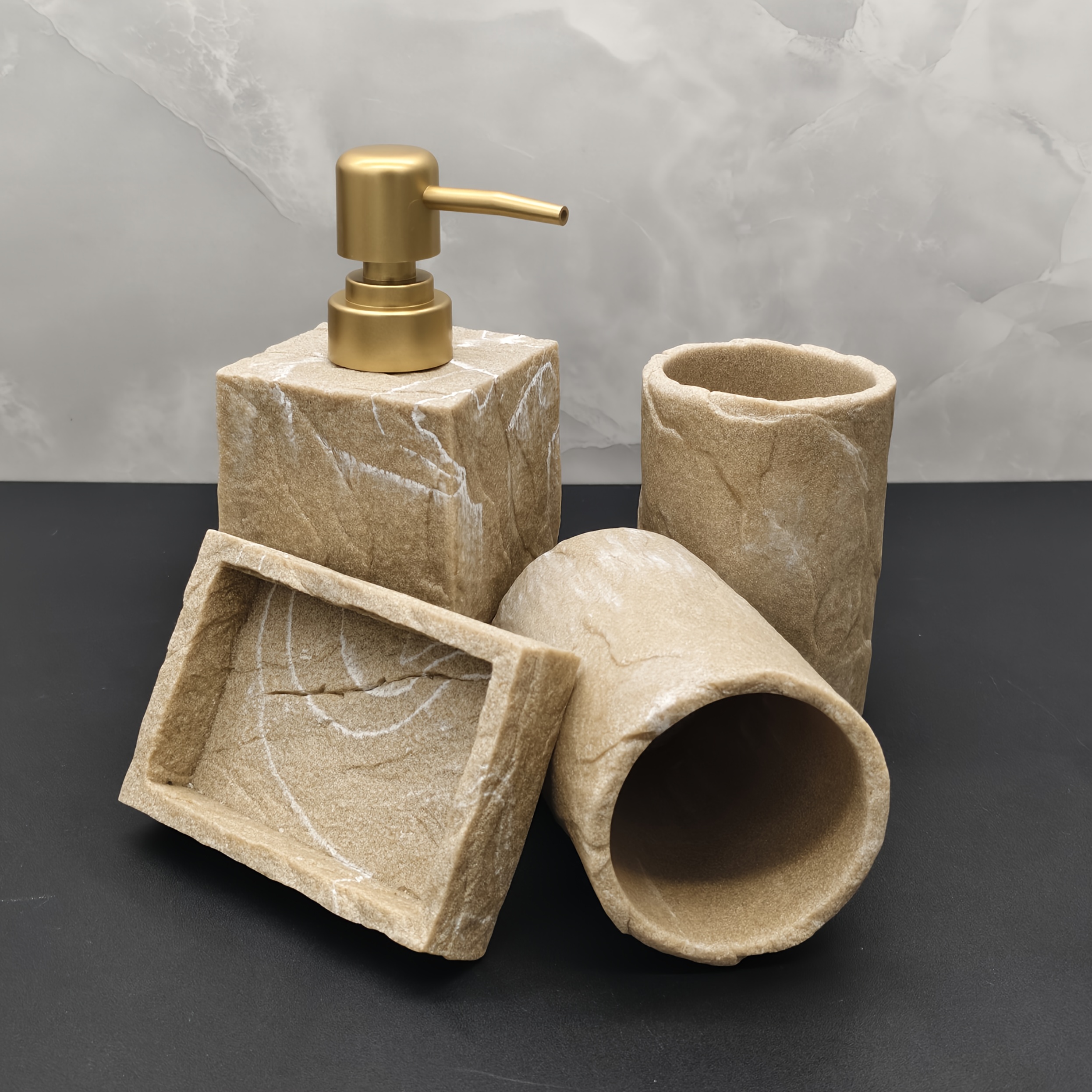 4pcs Vintage Bark Texture Bathroom Set, Includes 1 Hand Soap Dispenser, 2 Mouthwash Cups, and 1 Soap Dish. Suitable for Home, Hotel, and Guesthouse Bathrooms
