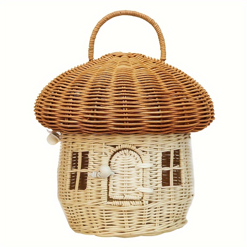 

1pc Handcrafted Wicker Mushroom Storage Basket, Decorative Art Style, Rattan Organizer With Lid For Home Decor