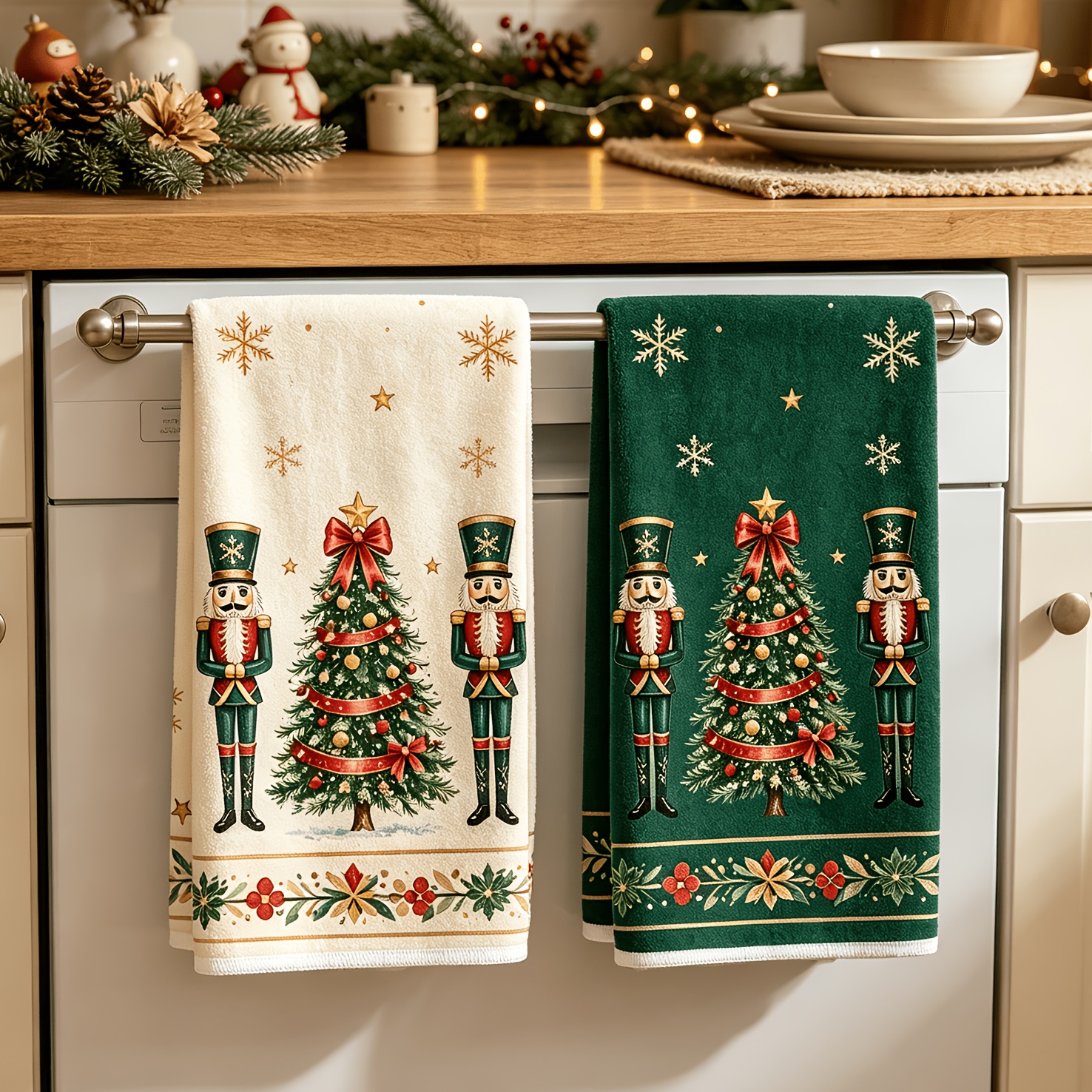 TEMU Lot de 2 tampons à récurer de cuisine avec imprimé et sapin de Noël vintage, torchons de cuisine décoratifs de Noël, chiffons de nettoyage en