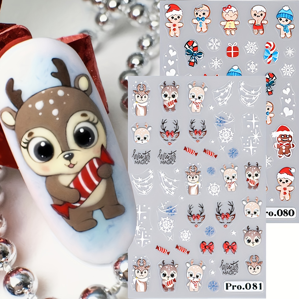 Image of 2 Sheets Self-adhesive 5d Embossed Christmas Nail Stickers - 3d Retro Reindeer, Snowflake, Snowman & Bow Decals Suitable For Women Diy Holiday Nail Art - Temporary Plastic Nail Decoration