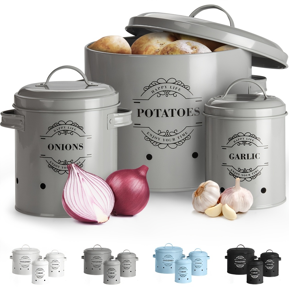 

Set Of 3 , Onion And Garlic Tin Container Pot To Save