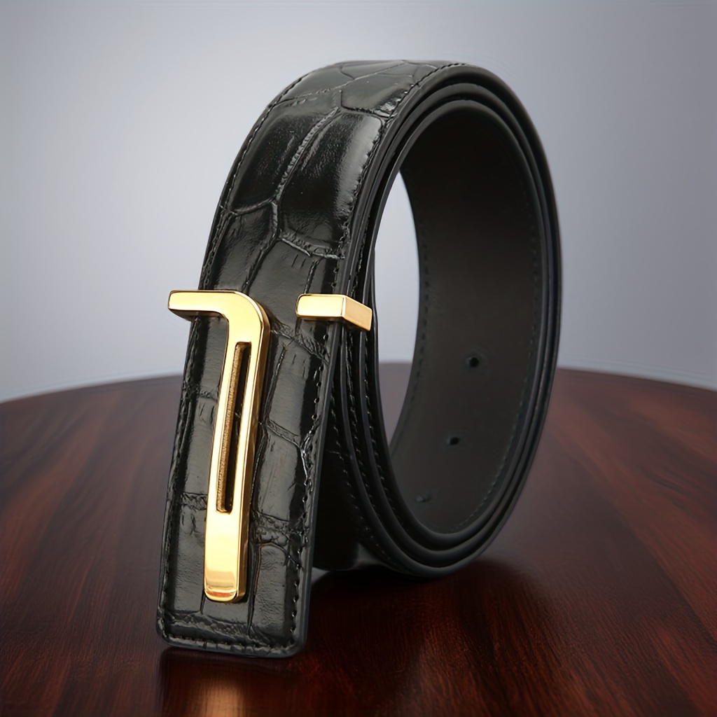 TEMU Luxurious Golden Minimalist Letter T High-end Men's Belt Made Of Durable Stainless Steel, A Fashionable Accessory For Business Suits, Perfect As