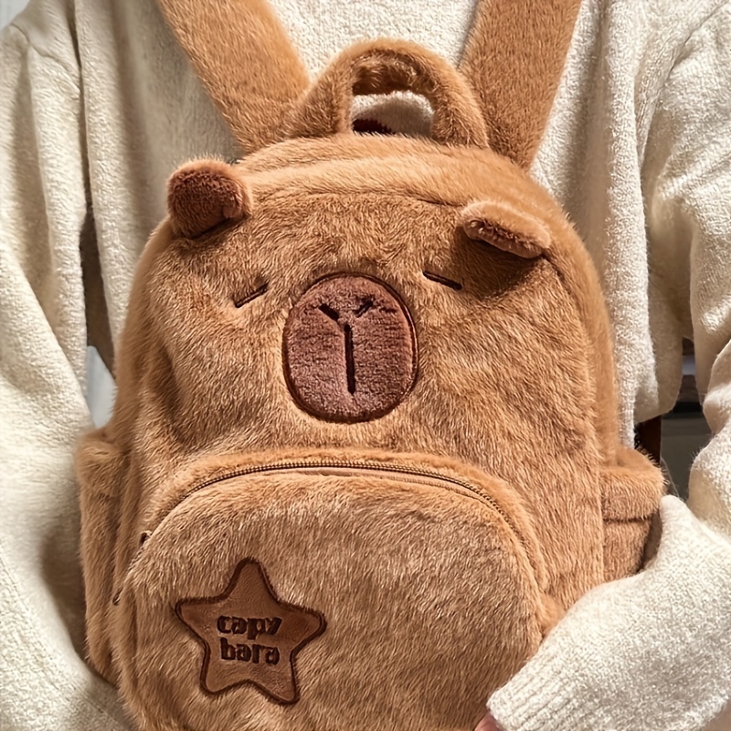 

Women's Capybara Plush Backpack With Polyester Lining, Zipper Closure, Wool - Cartoon Style, Ideal For College, School, Travel - Hand Washable, Unique