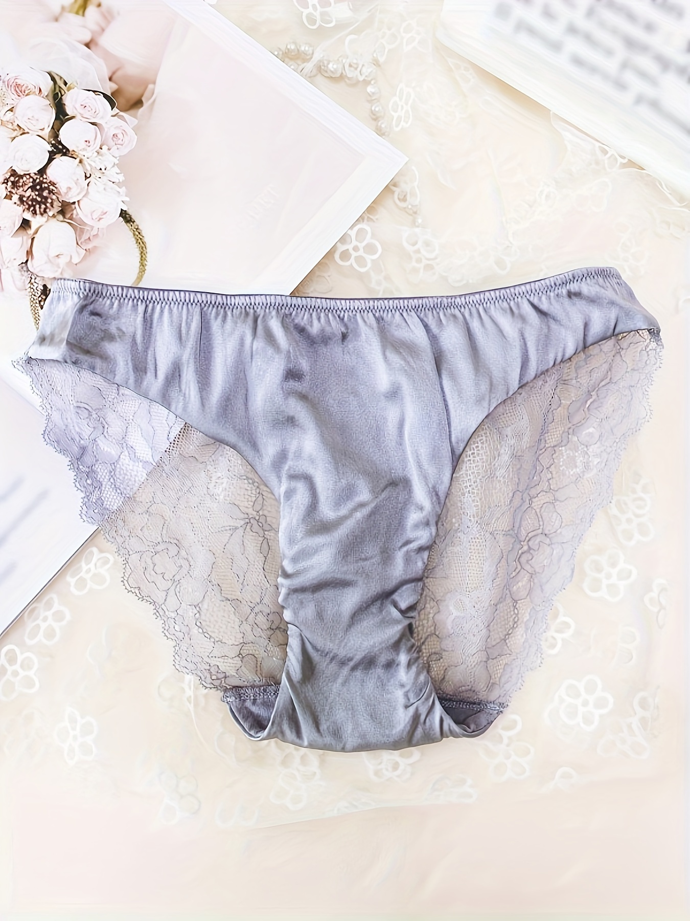 Soft Ice Silk Underwear Lightweight Satin Sexy Panties Lacy Panties Bow  Lingerie Ruffle Panties for Women Smooth Briefs