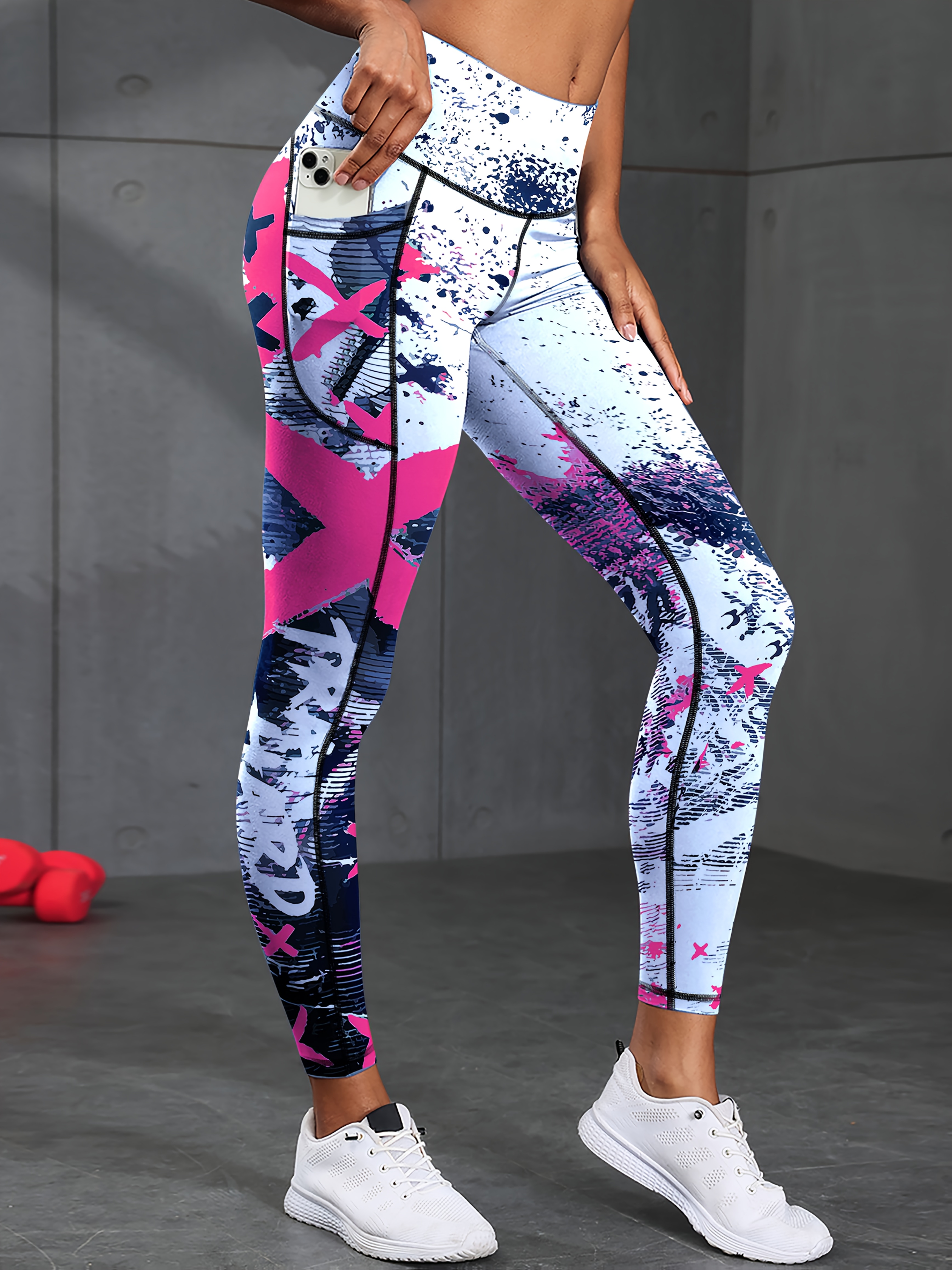 1pc womens athletic side pocket leggings fashionable graffiti letter print high   leggings polyester fiber fabric high   side pocket pants color block graffiti   lifting waist cinching running leggings suitable for outdoor
