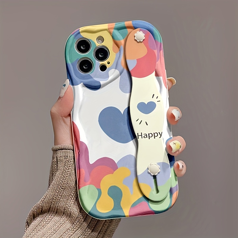TEMU A Minimalist Color Block In White Cream Shell, Wrist Strap Phone Case. With Shockproof Protection, For Spring And Summer, Compatible With Models
