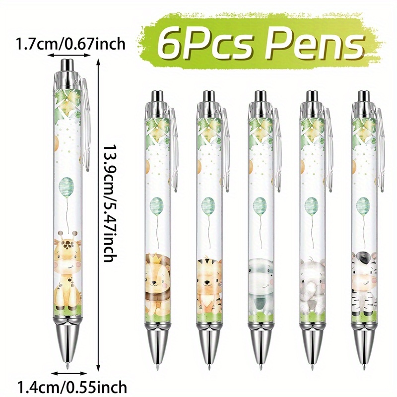 6pcs Jungle Animal Theme Ballpoint Pen, Giraffe Lion Elephant Zebra Balloon Pattern Plastic Retractable Ballpoint Pens, Black Refill, Medium Tip Smooth Writing, Shower Birthday
