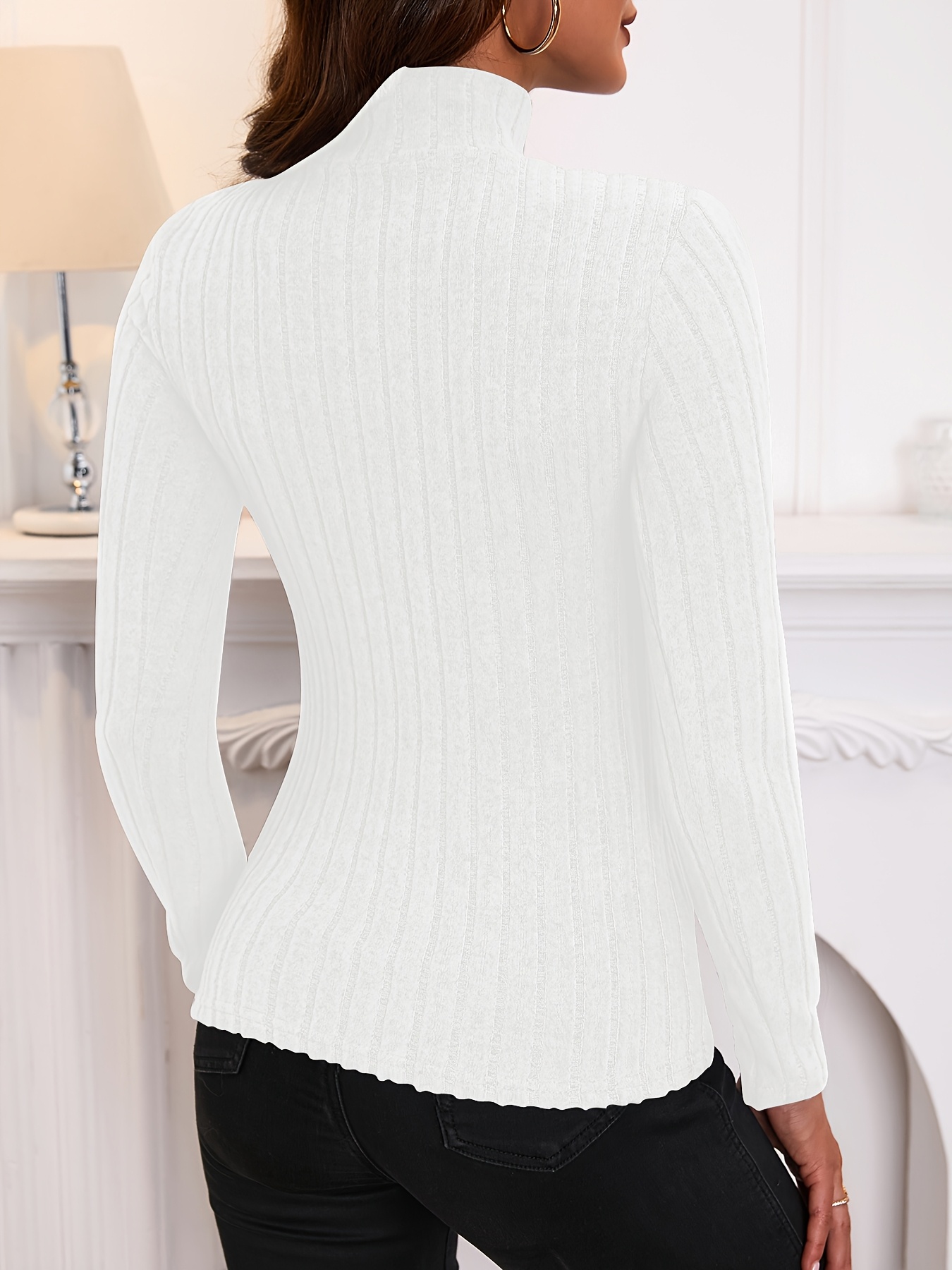 Solid Turtle Neck Rib Knit Top, Elegant Slim Long Sleeve Simple Sweater, Women's Clothing