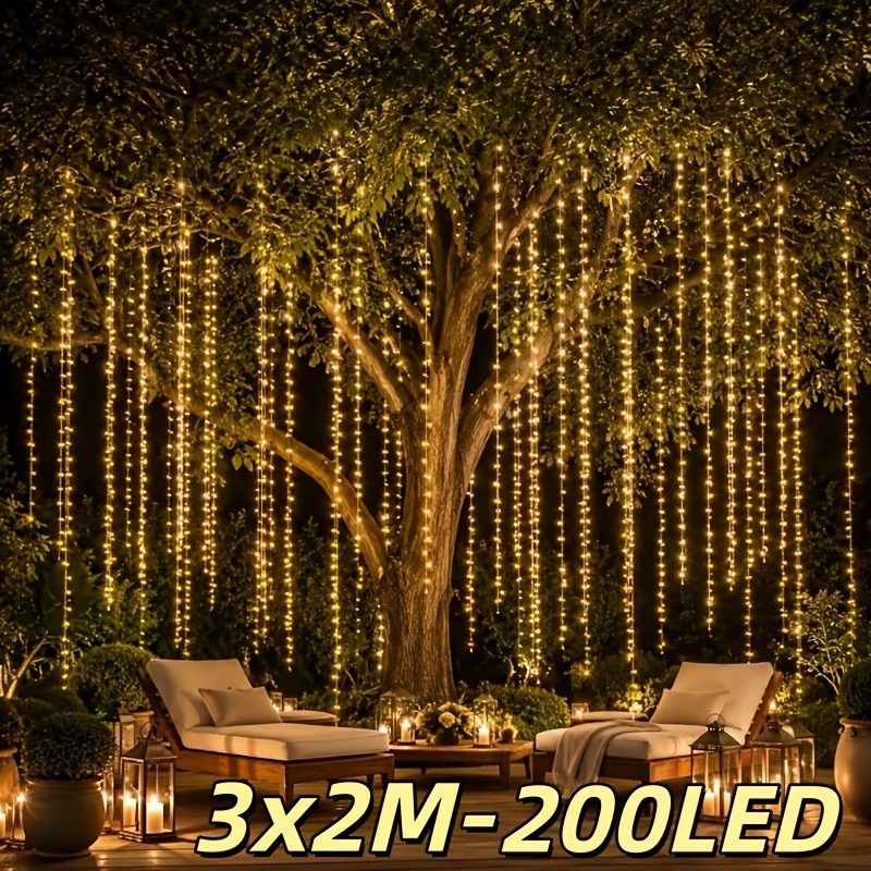 TEMU Guirlande Lumineuse d'Extérieur 10X6.6Ft, 200 LED, Fonctionne sur Piles, Effet , 8 Modes de Luminosité, Idéale pour Jardin, Cour, Mariage, Fête