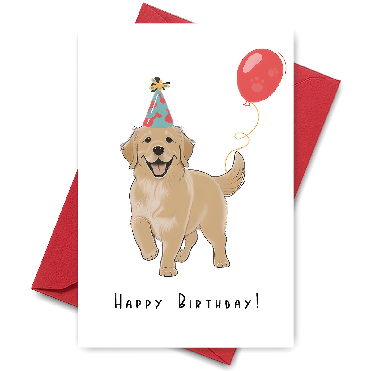 TEMU Birthday Celebration Card Featuring A Golden Retriever Wearing A Party Hat And Surrounded By Balloons. A Happy Birthday. Perfect For Dog Lovers