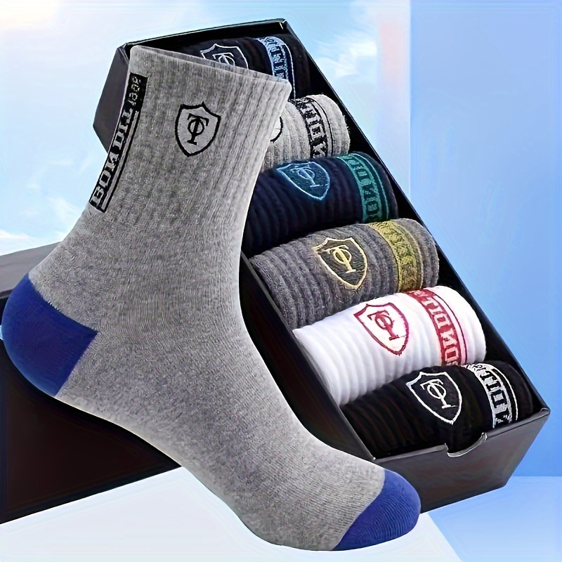 

5 Pairs Men's Polycotton Knitted Athletic Ankle Socks With Embroidered , Sweat-absorbent Breathable Sports Socks