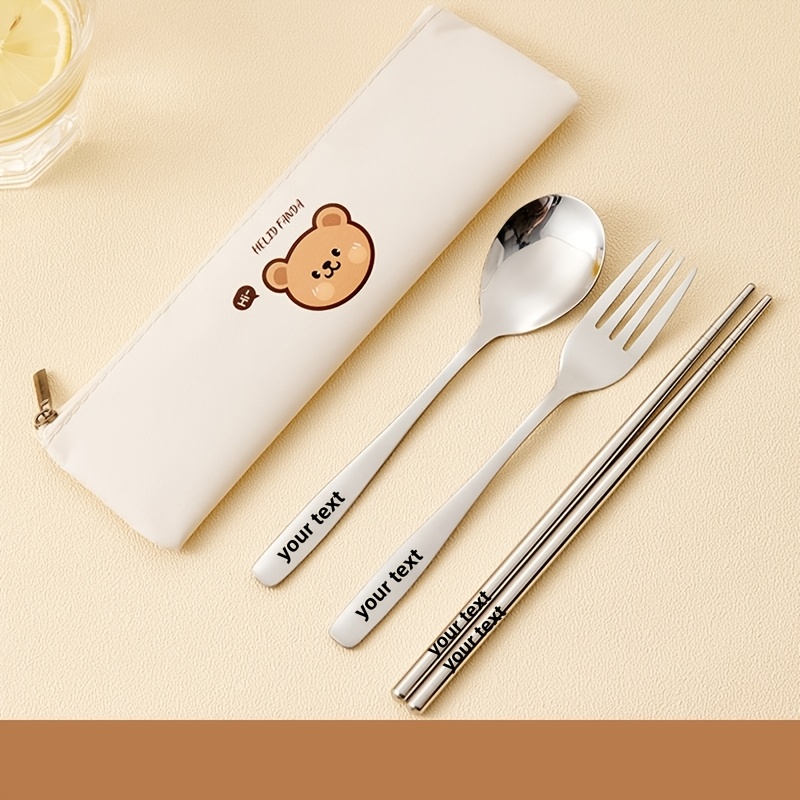 TEMU Personalize Your Message With This 3pcs Set Of Innovative, Premium Stainless Steel Utensils Including A Fork, Spoon, And Chopsticks, And Travel.