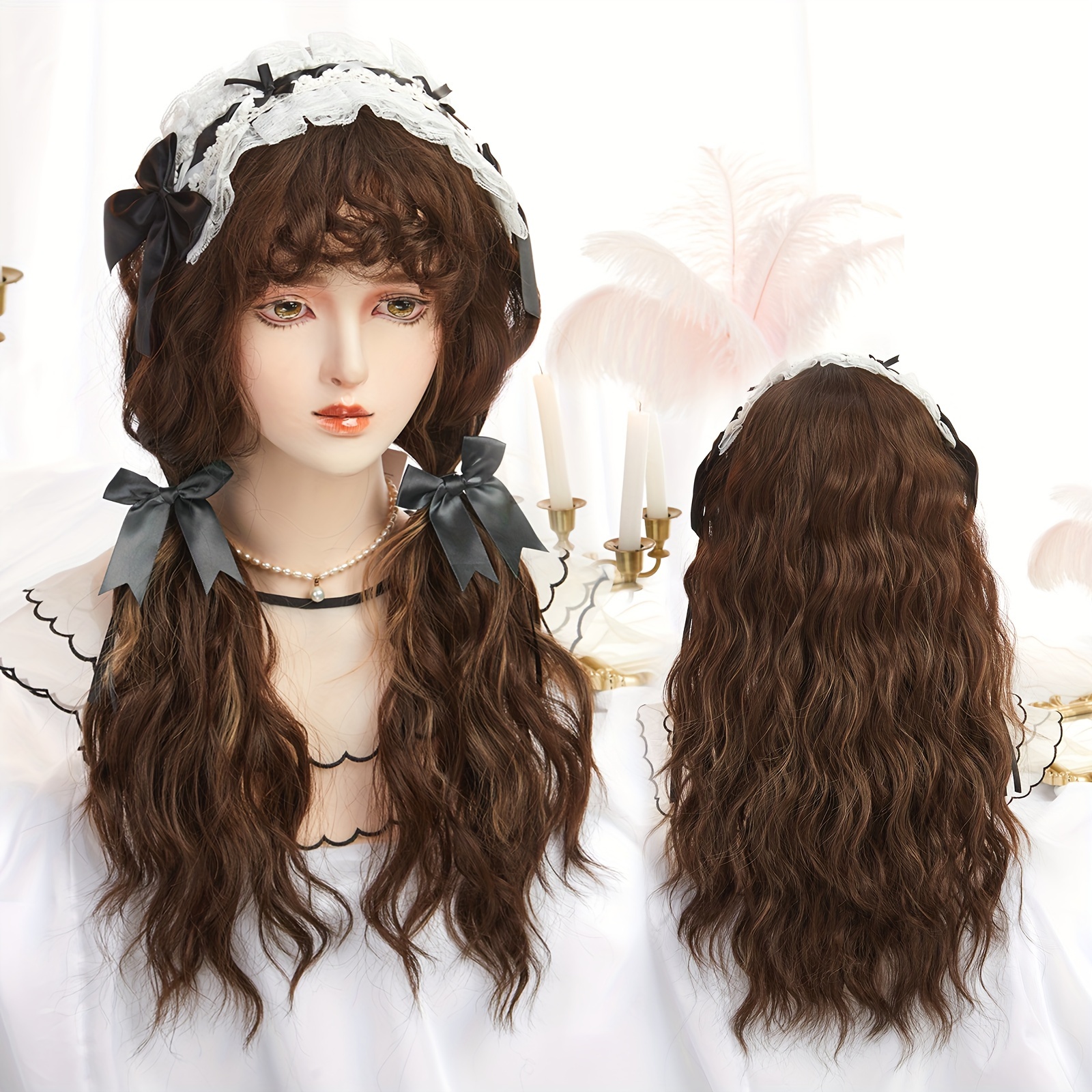 28 Inch Messy Curly Wavy Synthetic Wig With Bangs Brown Black Deep Wavy Long Hair Wigs For Women Daily Cosplay Heat Resistant