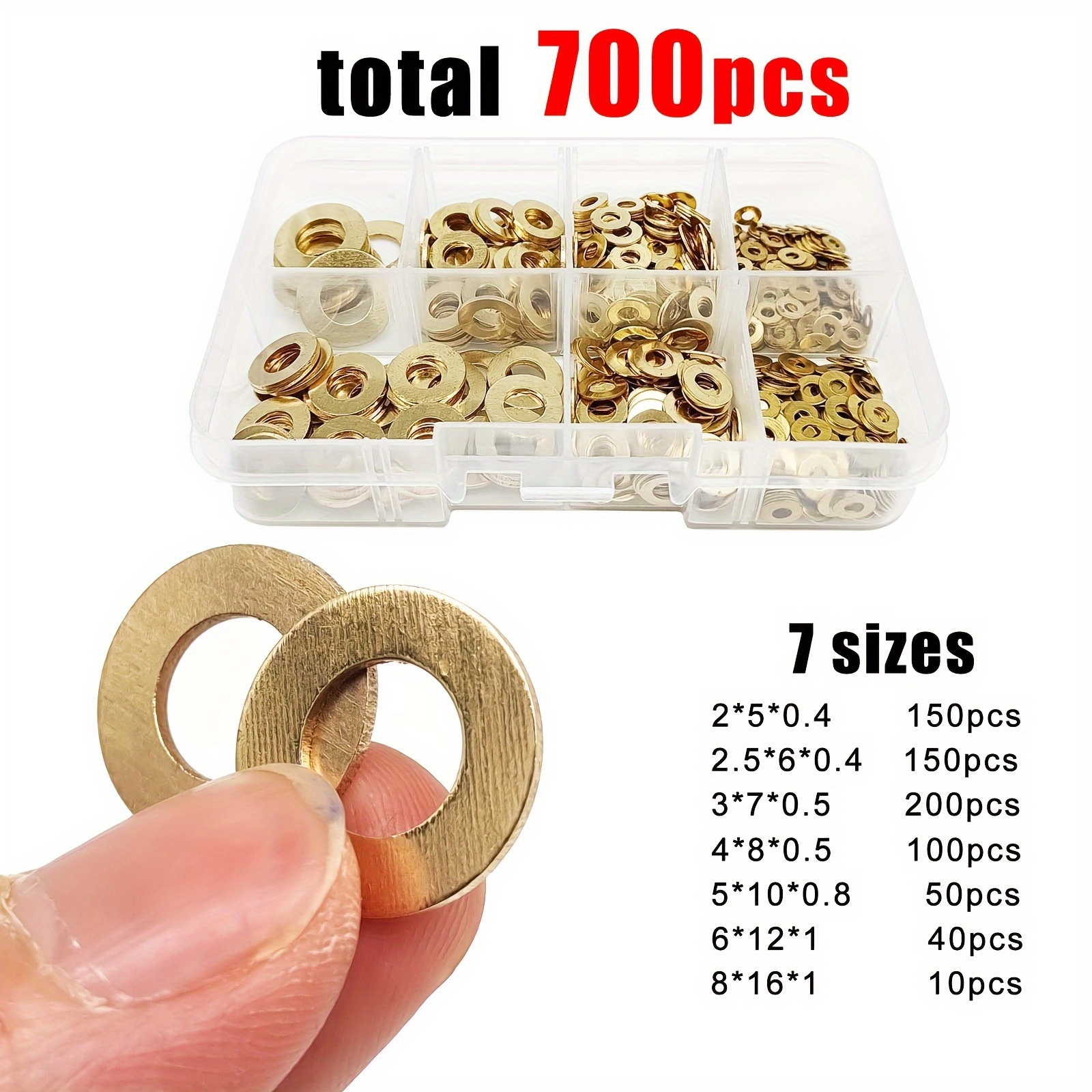 

700 Pcs Brass Flat Washers, 7 Sizes: M2, M2.5, M3, M4, M5, M6, M8, Mixed Set For Industrial Use