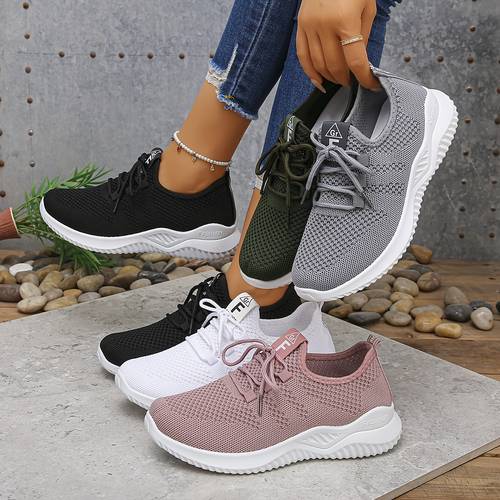 1 pair womens breathable mesh running shoes solid color low sneakers with sole lace up athletic footwear plain toe design lightweight for fitness training