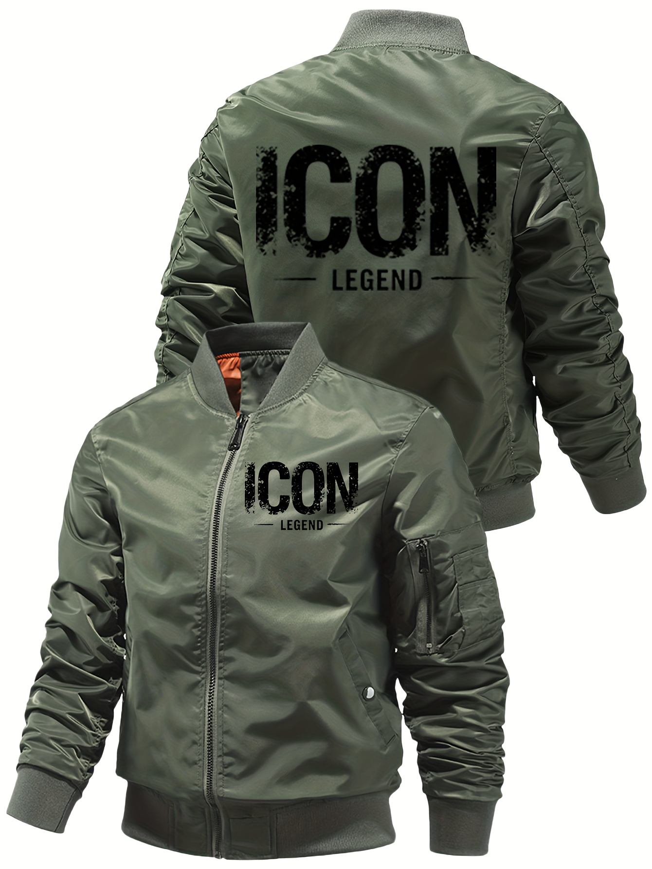 MA1 Pilotjas voor Heren - Vliegtas met Rits en IKON LEGEND Achterkant Print, Volledige Ritssluiting, Opstaande Kraag