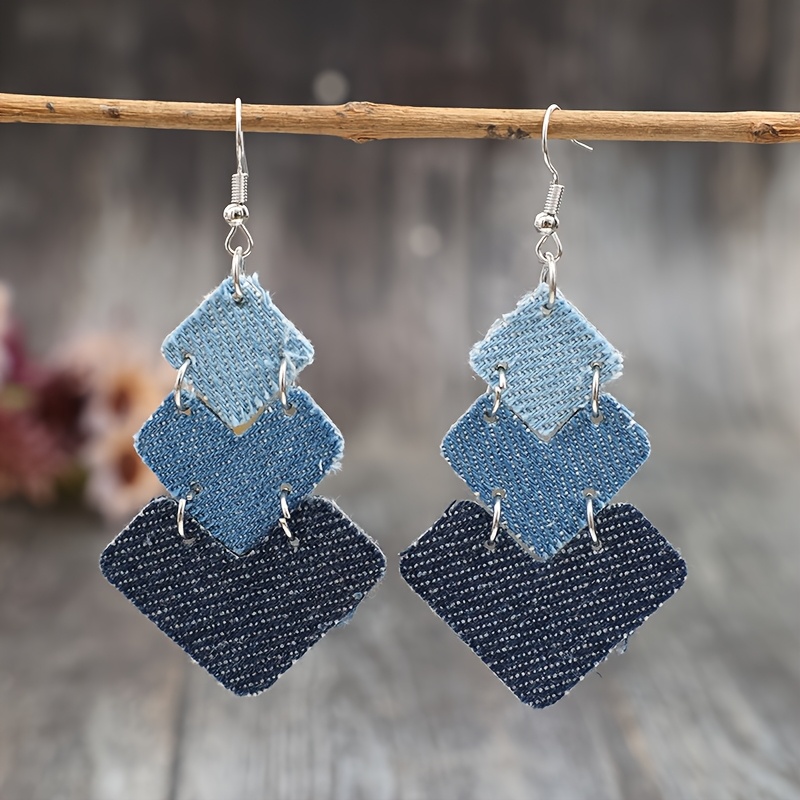 A Pair Of Western-style Multi-arrow Square Denim Pu Leather Creative Earrings