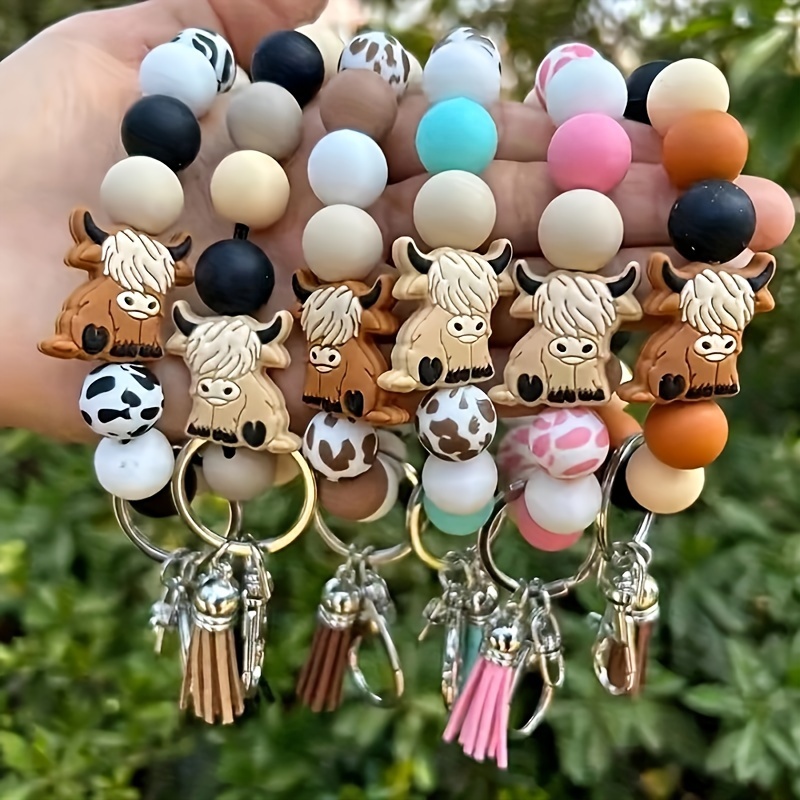 

1pc Cartoon Animals Brown Cow Bee Bull Silicone Bead Bracelet Keychain Charm For Ladies Western Retro Fringe Wristlet Key Ring Accessories Gifts For Eid