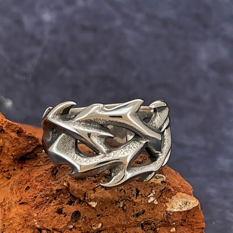 

Vintage Gothic Dragon Totem Flame Design Men's Stainless Steel Ring, No Plating Single Band Ring, Retro Style Jewelry