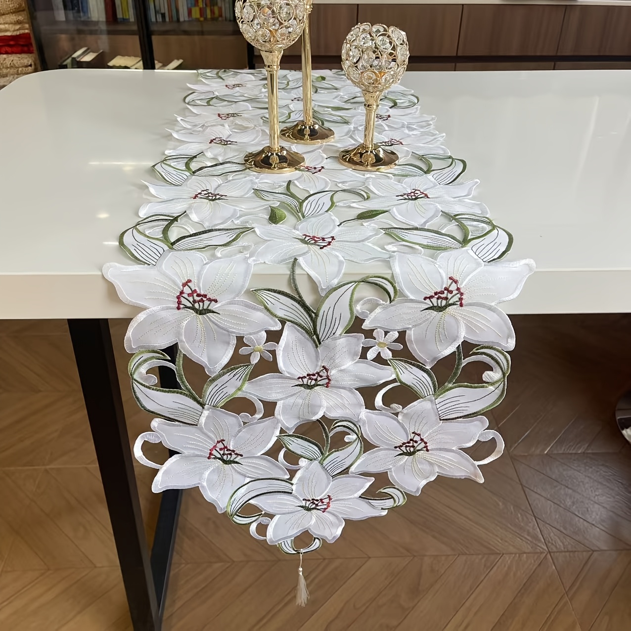 TEMU 1pc Embroidered Party Tablecloth, Embroidered Hollow , 3d Floral Decorative Tablecloth With Tassels, Tablecloth For Dining Table, Coffee Table,