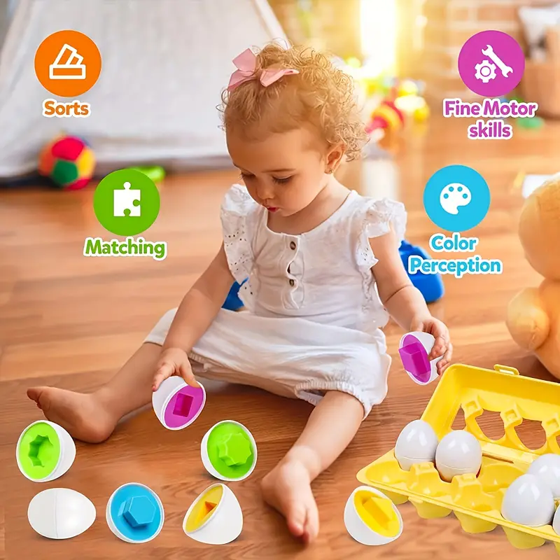 12pcs colorful matching puzzle educational toy for fine motor skills shape recognition plastic geometric eggs with base for preschool boys girls egg toy details 8