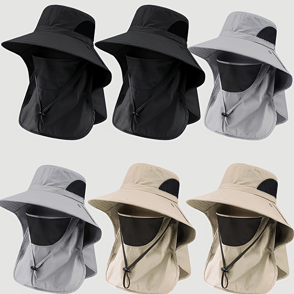 TEMU 6pcs Outdoor Sun Hat, Men's Neck - Quick - Drying Bucket Hat, Adjustable Sun Visor, Breathable Mesh, With Detachable Face Mask, Unisex, Suitable