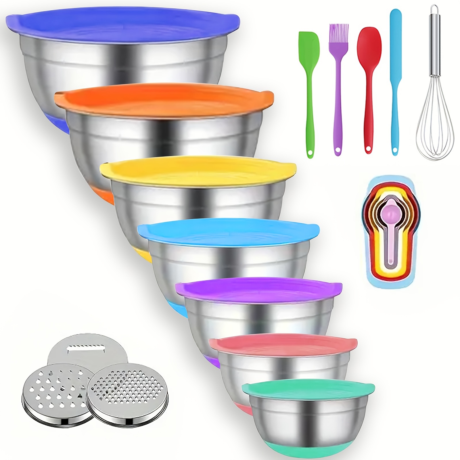 E-shop 16/7-teiliges Set Salatschüsseln mit Deckeln, 7-teiliges Edelstahl-Rührschüssel-Set, inklusive 3 Rührkopf-Aufsätzen, 6 Löffel, 5 praktische