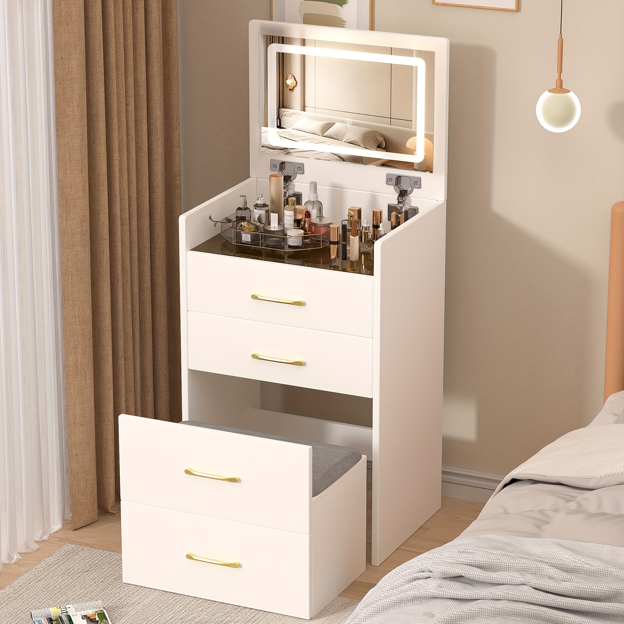 19 69 wide 3 in 1 dressing table makeup table with adjustable open top   storage cabinet with 3 drawers dressing table with stool easy to assemble suitable for small space apartment bedroom powder room best gift for girls Product details 0