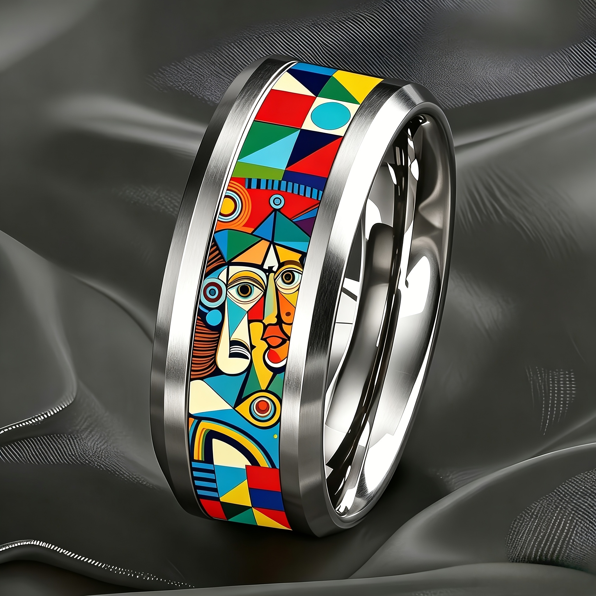 TEMU Anillo unisex de estilo vintage, anillo geométrico de acero inoxidable 304L, que decolora e hipoalergénico, lujo con acabado , diseño de de cara