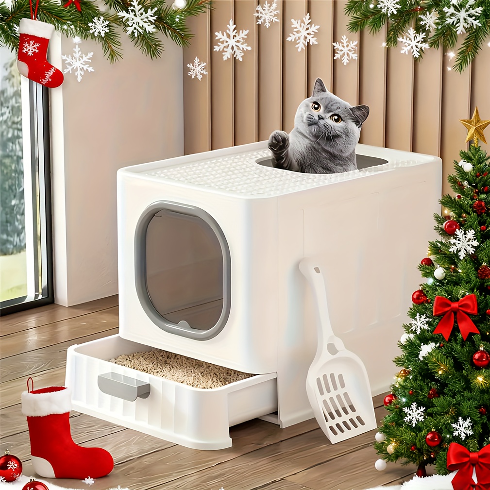 TEMU 1pc White Large Cat Litter Box Cat Enclosure Litter Drawered Box Puppy Kitten Training Toilet Box Anti-leakage With Scoop