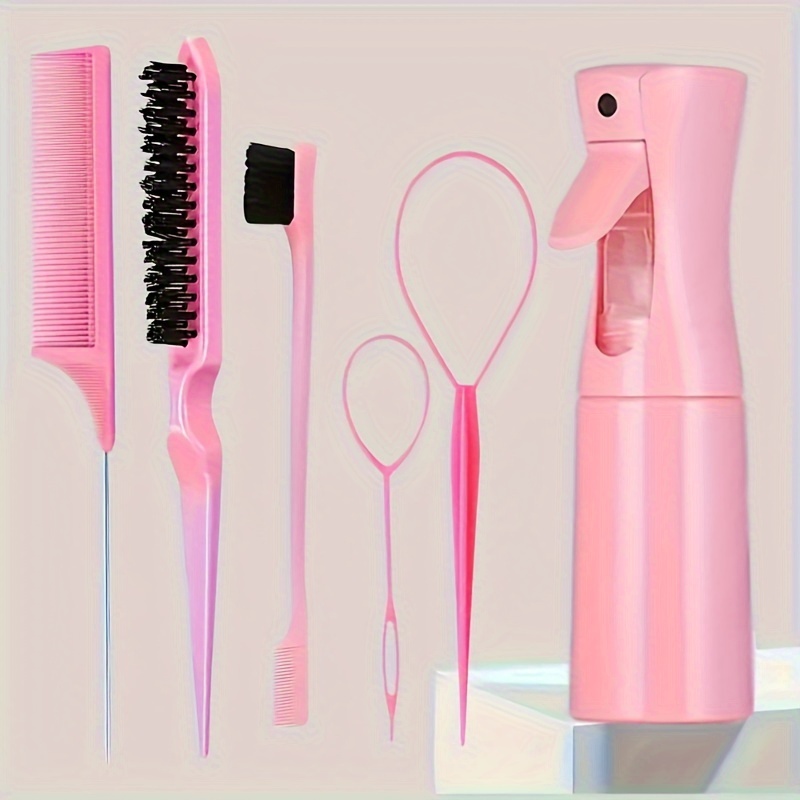 

6-piece Hair Styling Set: Hairdressing Spray Bottle, Braiding Loop, Rat Tail Comb, Teasing Brush, Edge Control Brush, And More For Normal Hair Types