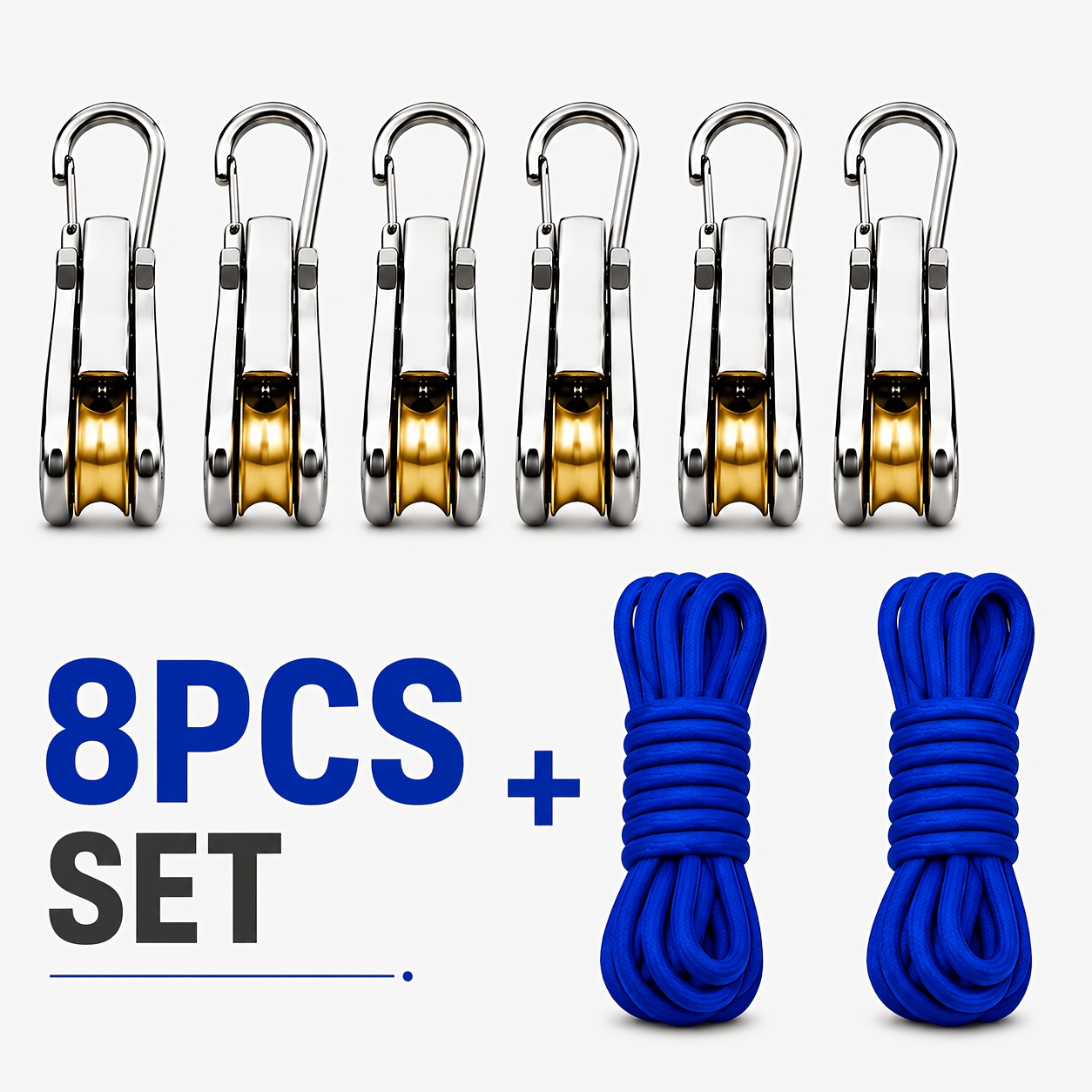 Image of 8pcs Adjustable Rope Pulley Hanger Kit, 6 Metal Hooks& 2 Nylon Ropes, Heavy Duty Ratchet Hangers For Tent, Plants& Garage