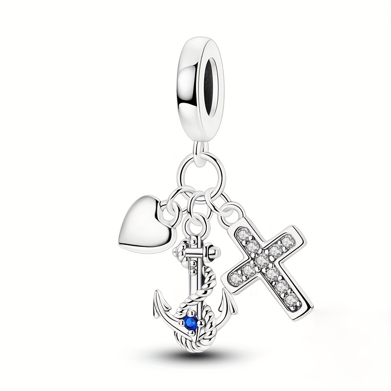 Image of 1pc 925 Silver Plated Cross Boat Heart Pendant Diy Charm Suitable For Original Bone Bracelet, Women' Wear Valentine's Day Gift Jewelry