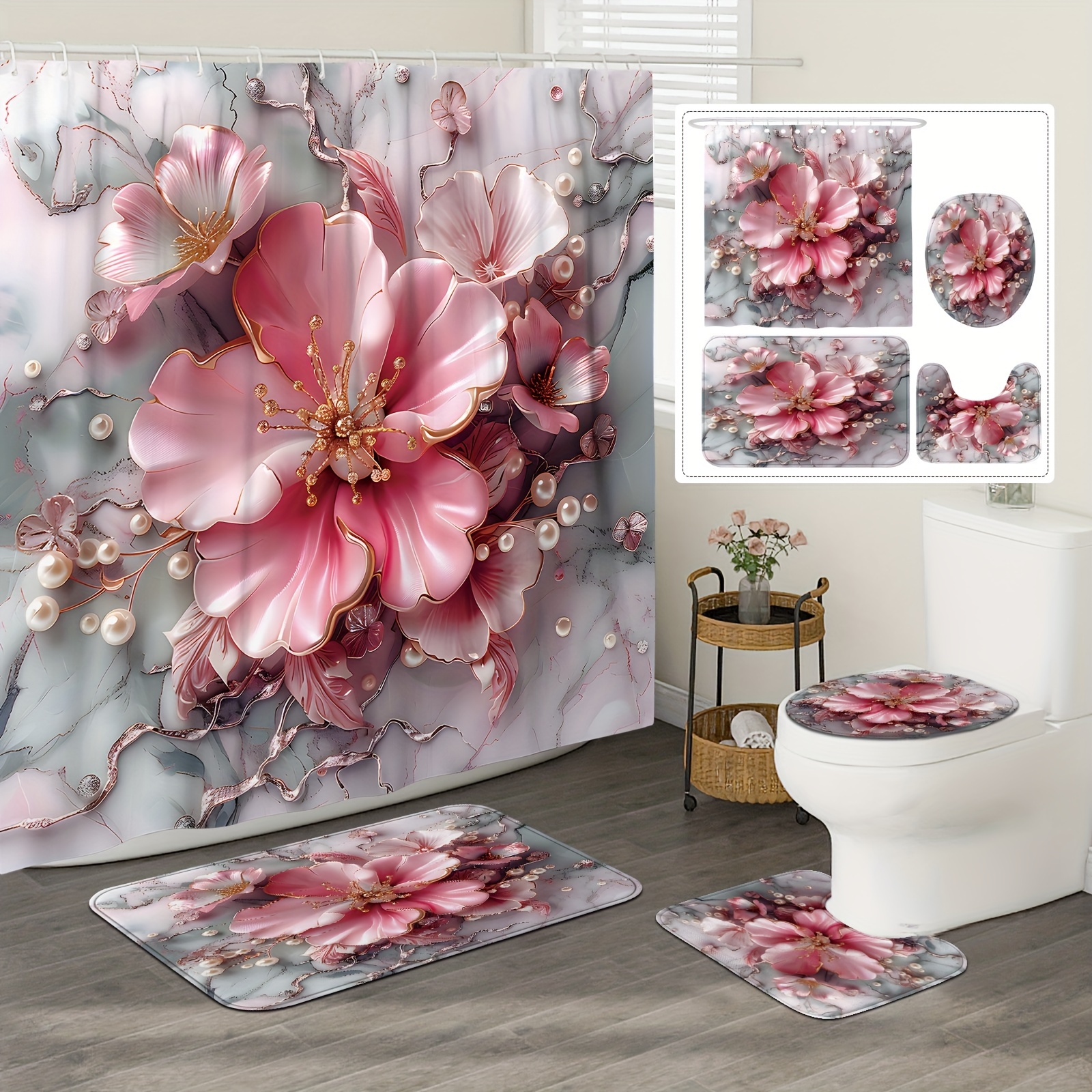 

1/4pcs Sakura Flower Shower Curtain And Mats, Waterproof Shower Curtain With 12 Hooks, Bathroom Rug, Toilet U-shape Mat, Toilet Lid Cover Pad, Bathroom Decor, Shower Curtain Sets For Bathrooms