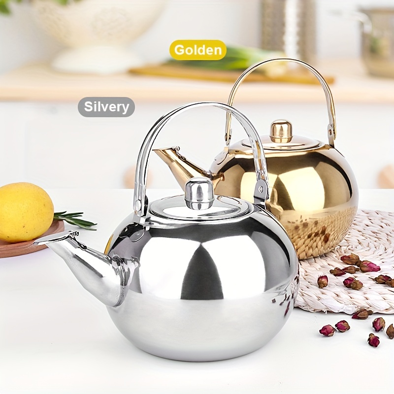 

1pc, Stainless Steel Whistling Tea Kettle, Silver, With Built-in Tea Infuser Leak, Stovetop Tea Pot For Electric Magnetic & Gas Ranges, Household & Commercial Use